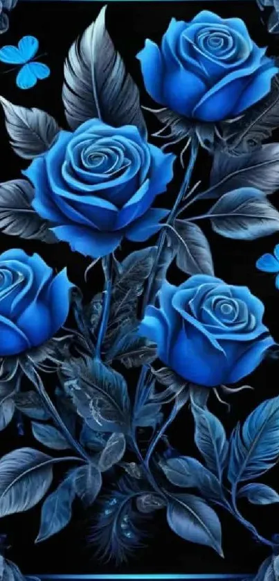 Blue roses with butterflies on a dark background.