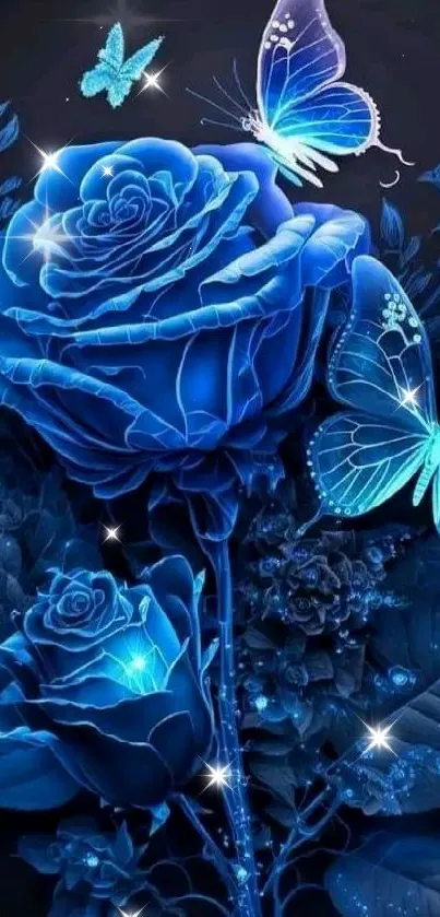 Blue roses and butterflies digital art on a dark background.