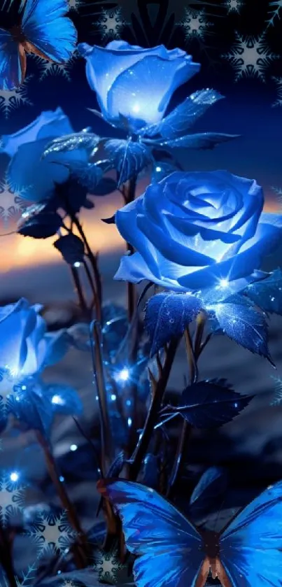 Glowing blue roses with butterflies at dusk.