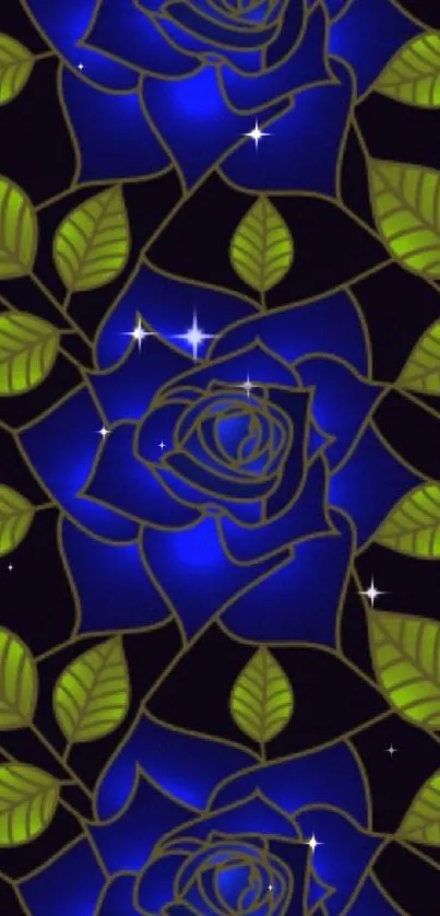 Stylish blue rose pattern with green leaves on dark background.