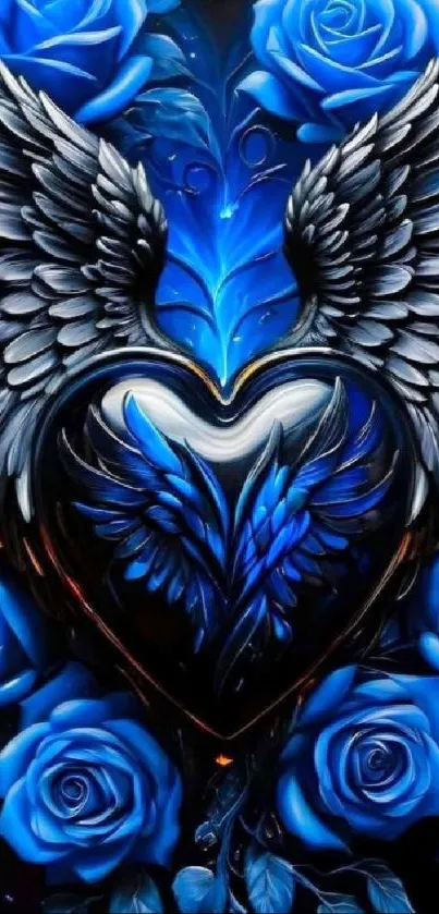 Blue roses with winged heart design wallpaper.