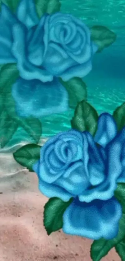 Mobile wallpaper of blue roses on a beach with teal ocean in the background.