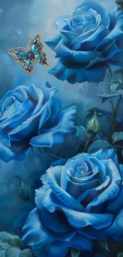 Artistic blue roses with a butterfly.