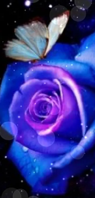 Two blue roses with butterflies on a galaxy background.