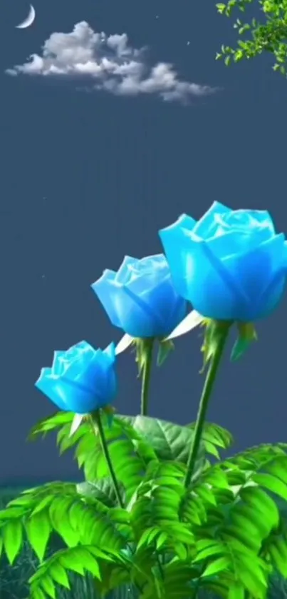 Blue roses in moonlit night with clouds and greenery.