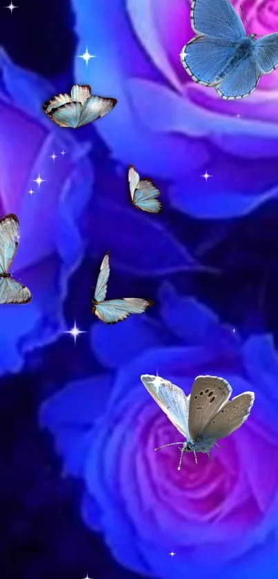 Blue roses and butterflies wallpaper with vibrant colors.