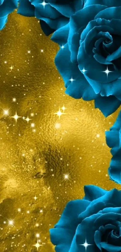 Mobile wallpaper with blue roses and golden galaxy.