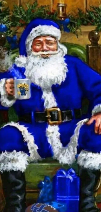 Santa in blue suit sitting by a fireplace with gifts and decorations.