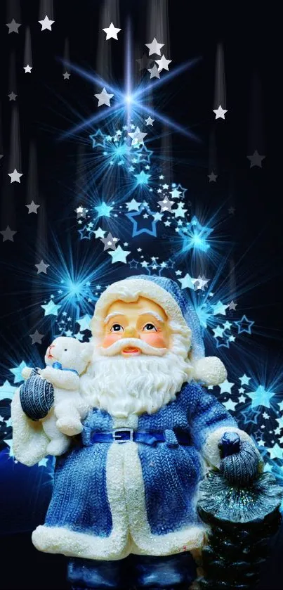 Blue Santa surrounded by glowing stars in a festive holiday scene.