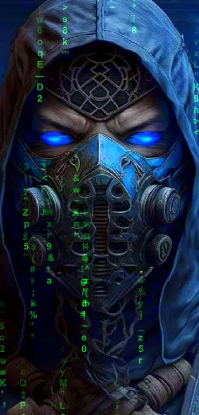 Blue masked sci-fi warrior with glowing eyes.