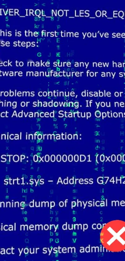 Blue screen error wallpaper with technical codes and red warning symbol.