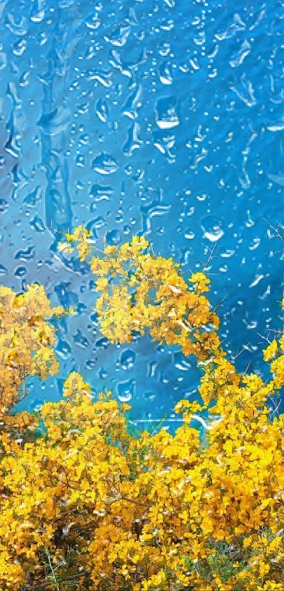 Bright yellow flowers against a vivid blue sea background.