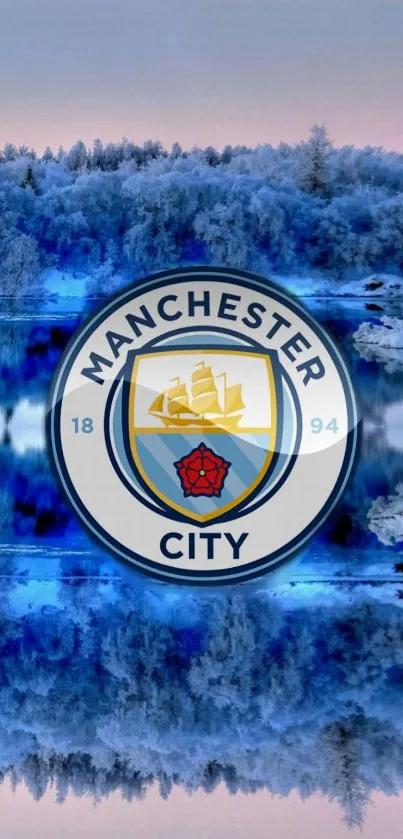 Manchester City logo in icy blue landscape.