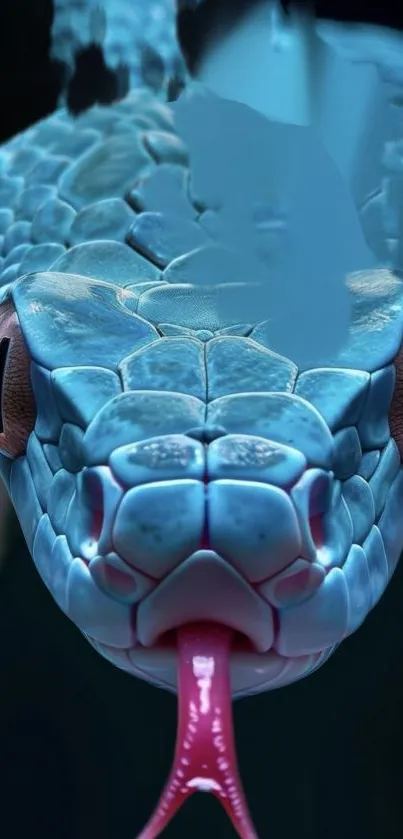 Close-up of a detailed blue snake with its tongue out, enhanced lighting.