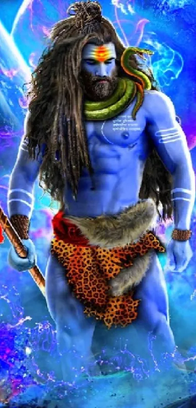 Vibrant mythological warrior with a cosmic background.