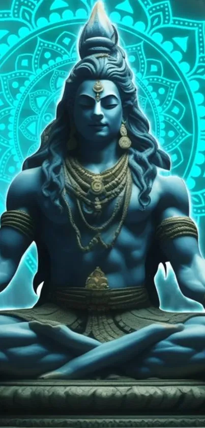 Vibrant wallpaper of Lord Shiva meditating with a blue mandala background.