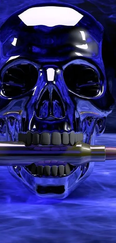 Blue skull holding bullet in striking wallpaper design.