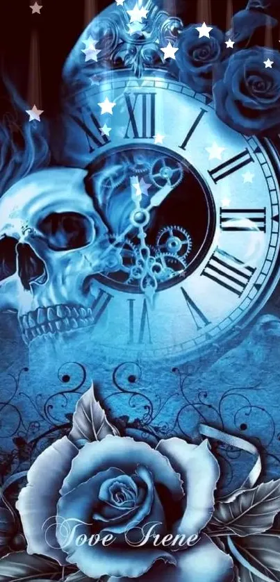 Gothic blue skull with clock and roses art wallpaper.