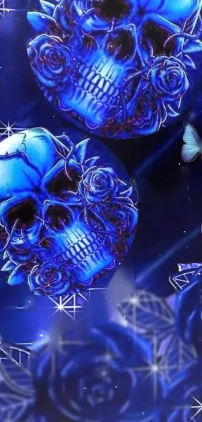 Blue skull and roses wallpaper with butterfly accent.