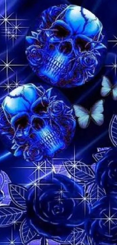 Blue skulls with butterflies and roses in a mystical art style.