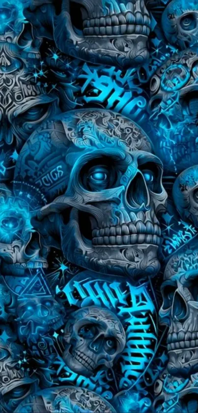 Blue skull graffiti art with intricate design.