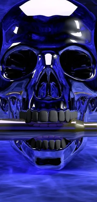 Blue skull with metallic bullet in mouth, reflecting light.