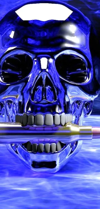 Blue skull holding a bullet in its teeth on a dark background.