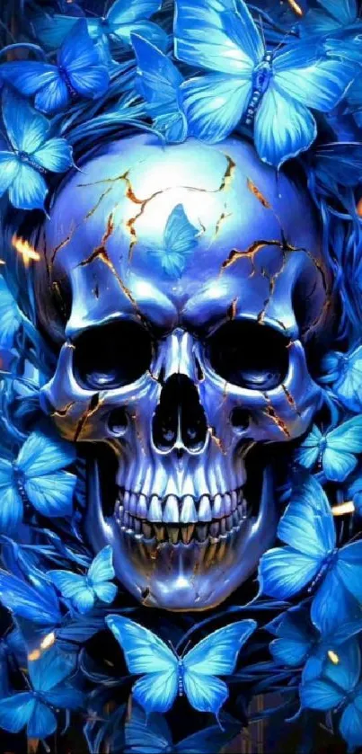 Artistic blue skull with butterflies.