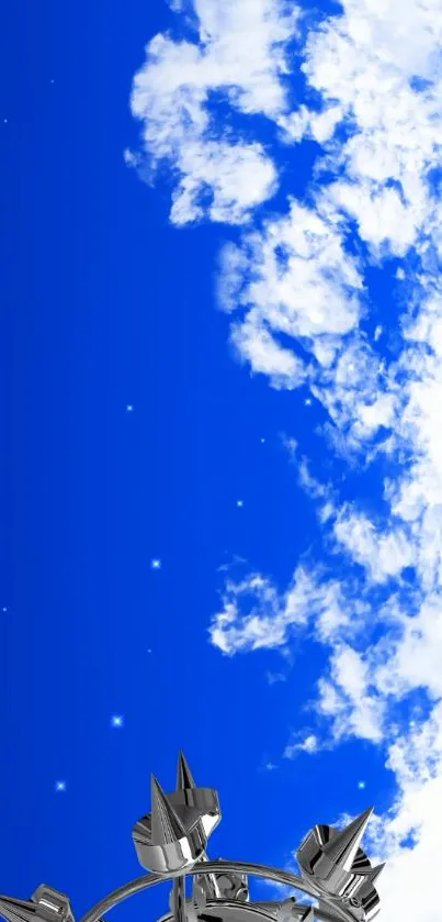 Vibrant blue sky with clouds and a metallic structure on mobile wallpaper.