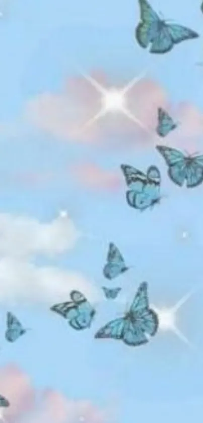 Mobile wallpaper with blue butterflies against a soft sky.