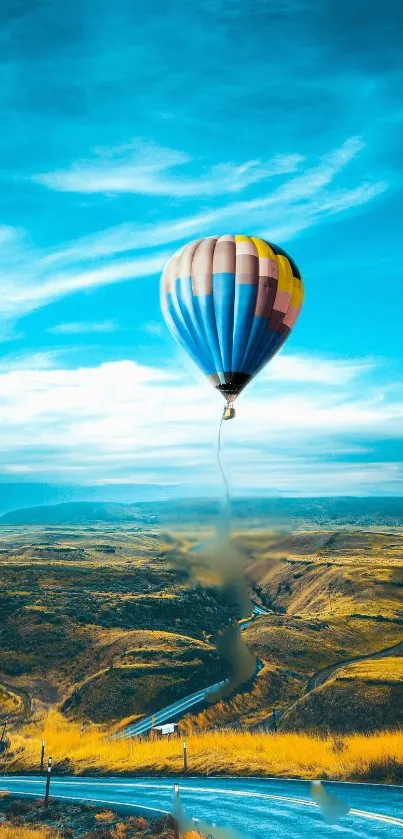 Hot air balloon floating in a bright blue sky over a scenic landscape.