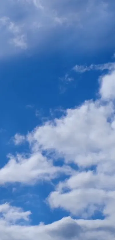 Clear blue sky with fluffy white clouds.