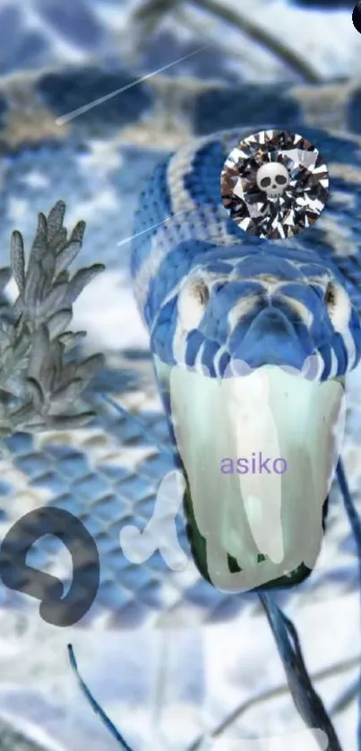 Blue artistic snake design with surreal skull elements.