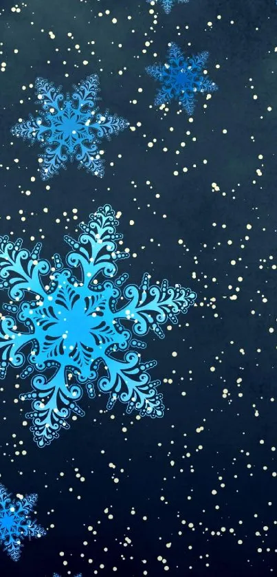 Blue snowflake art wallpaper with a dark, starry background.