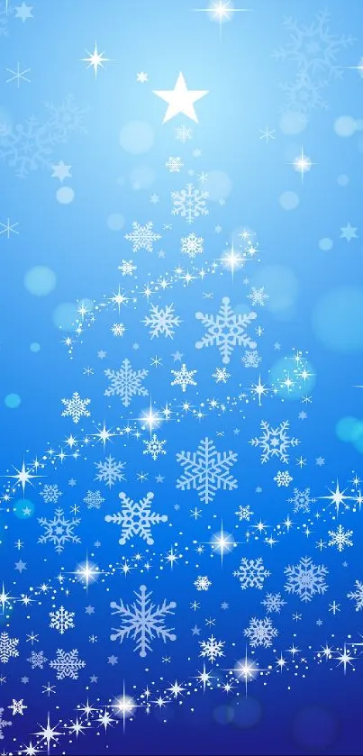 Blue Christmas tree with snowflakes and star on blue background.