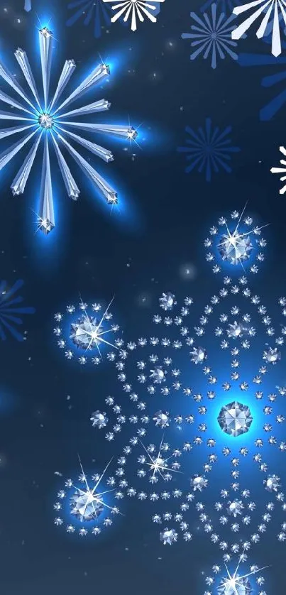 Intricate blue snowflake wallpaper with crystal patterns on a navy background.