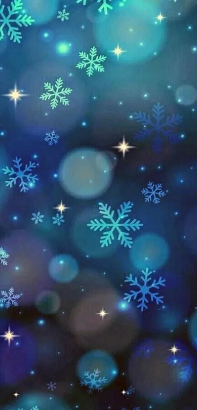 Blue snowflake wallpaper with glowing stars.