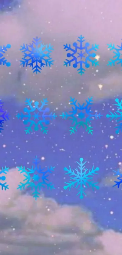 Blue snowflake design on a cloudy sky background for mobile wallpaper.