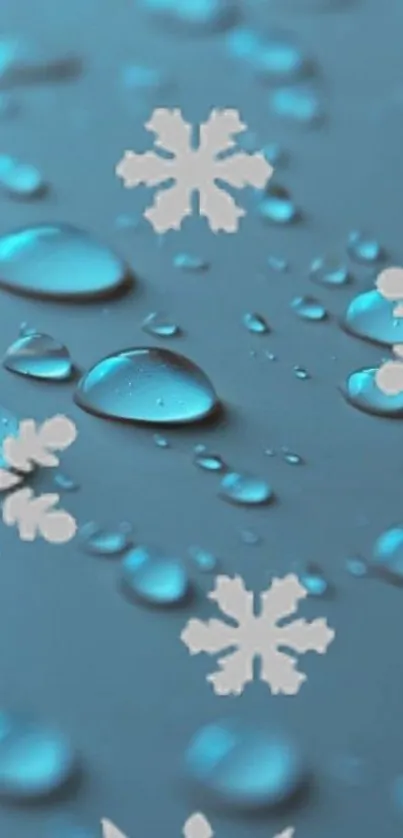 Blue wallpaper with snowflakes and water droplets.