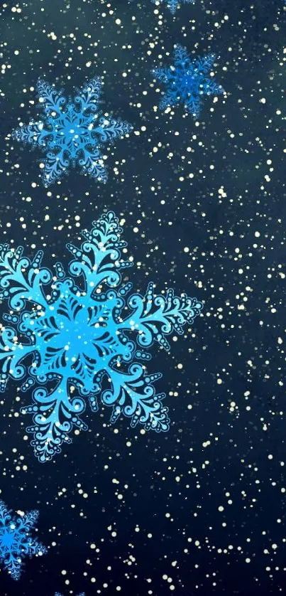 Mobile wallpaper with blue snowflakes and dark blue background.