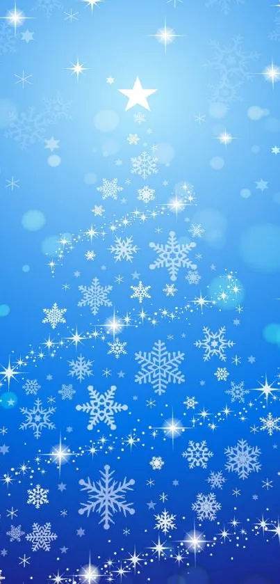 Blue Christmas tree with snowflakes and stars on a holiday-themed background.