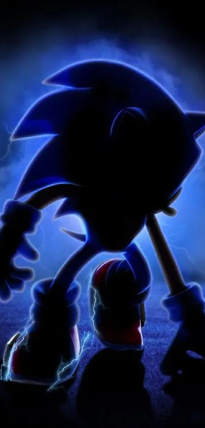 Sonic character in silhouette with a striking blue shadow on a dark background.