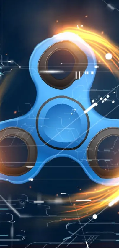 Blue fidget spinner with glowing fiery swirls on dark background.