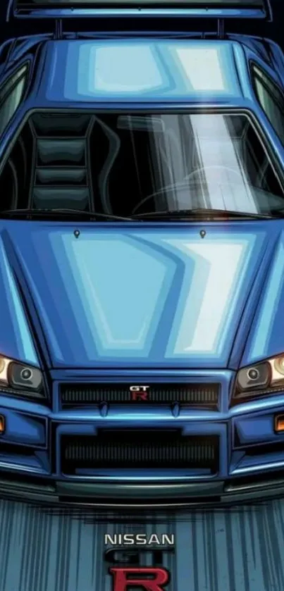 Illustrated blue sports car with sleek design on a mobile wallpaper.