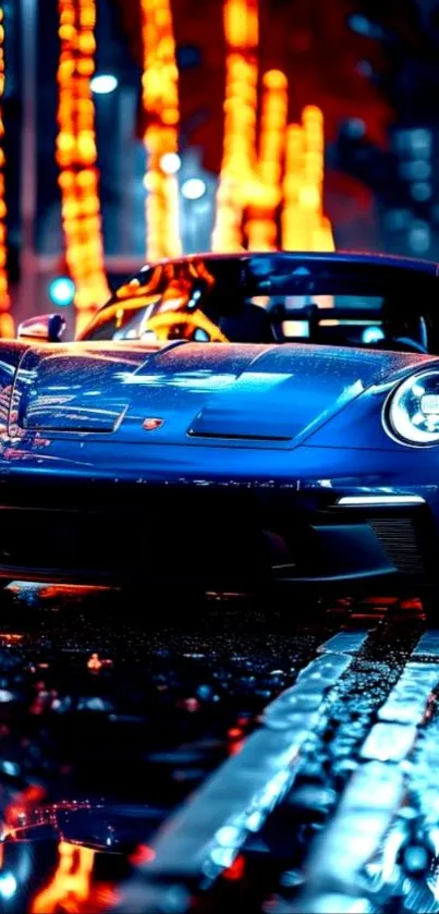 Blue sports car under city lights at night.