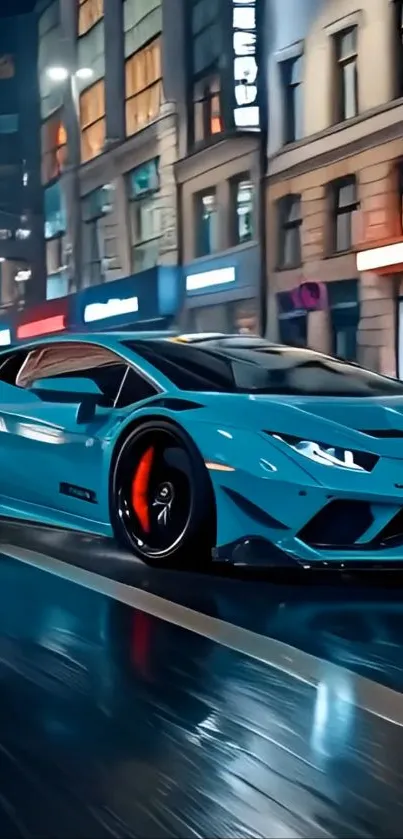 Sleek blue sports car driving at night on city street.