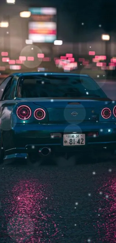 Blue sports car in city street at night with vibrant lights.