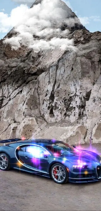 A blue sports car parked against rocky cliffs.