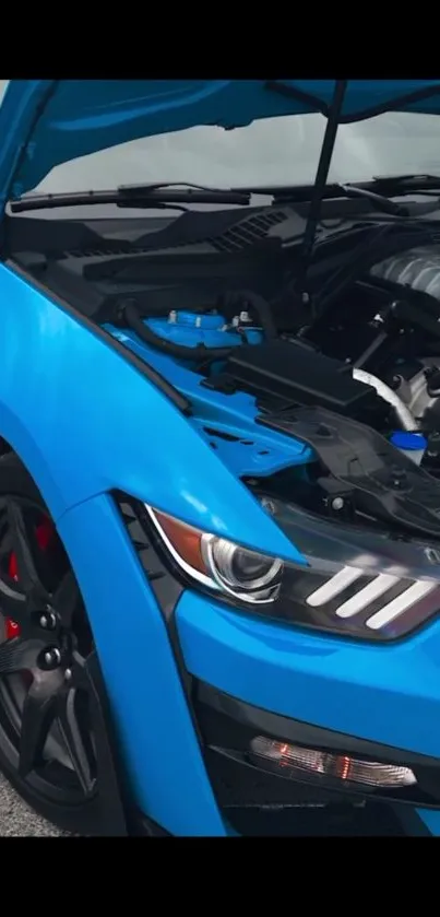 Close-up view of a blue sports car engine.