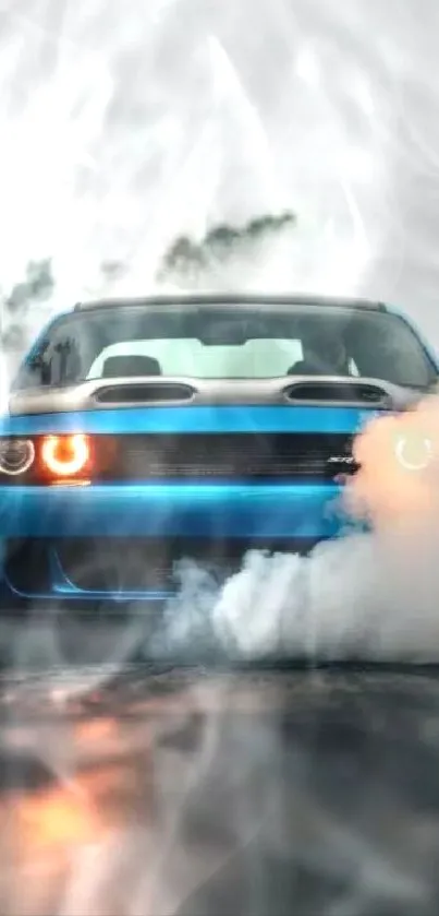 Dynamic blue sports car with smoky effects.